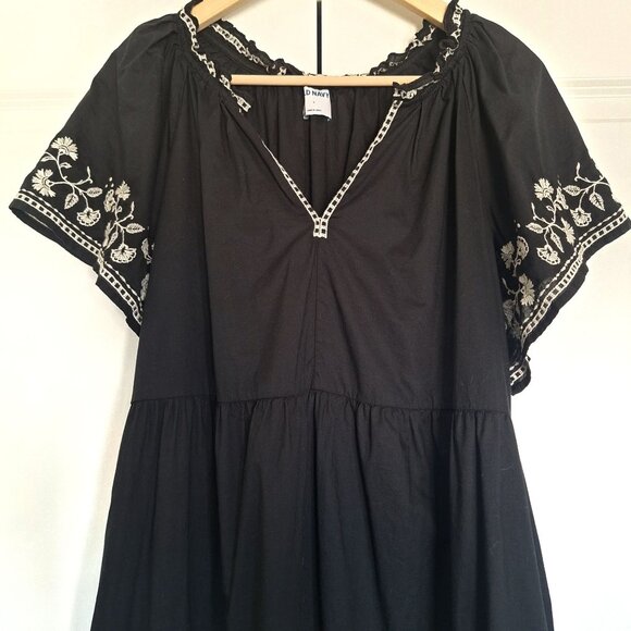 💙 Old Navy Cotton Embroidered Lined Pockets Dress Size L/XL Fall Cottage Boho - Picture 2 of 7